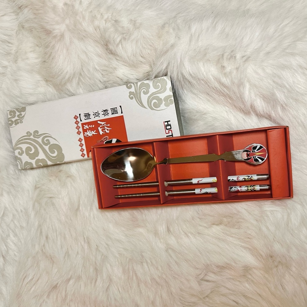 NWOT Chinese Beijing Opera Mask Silver Spoon & Chopsticks Utensil Set Gift Box